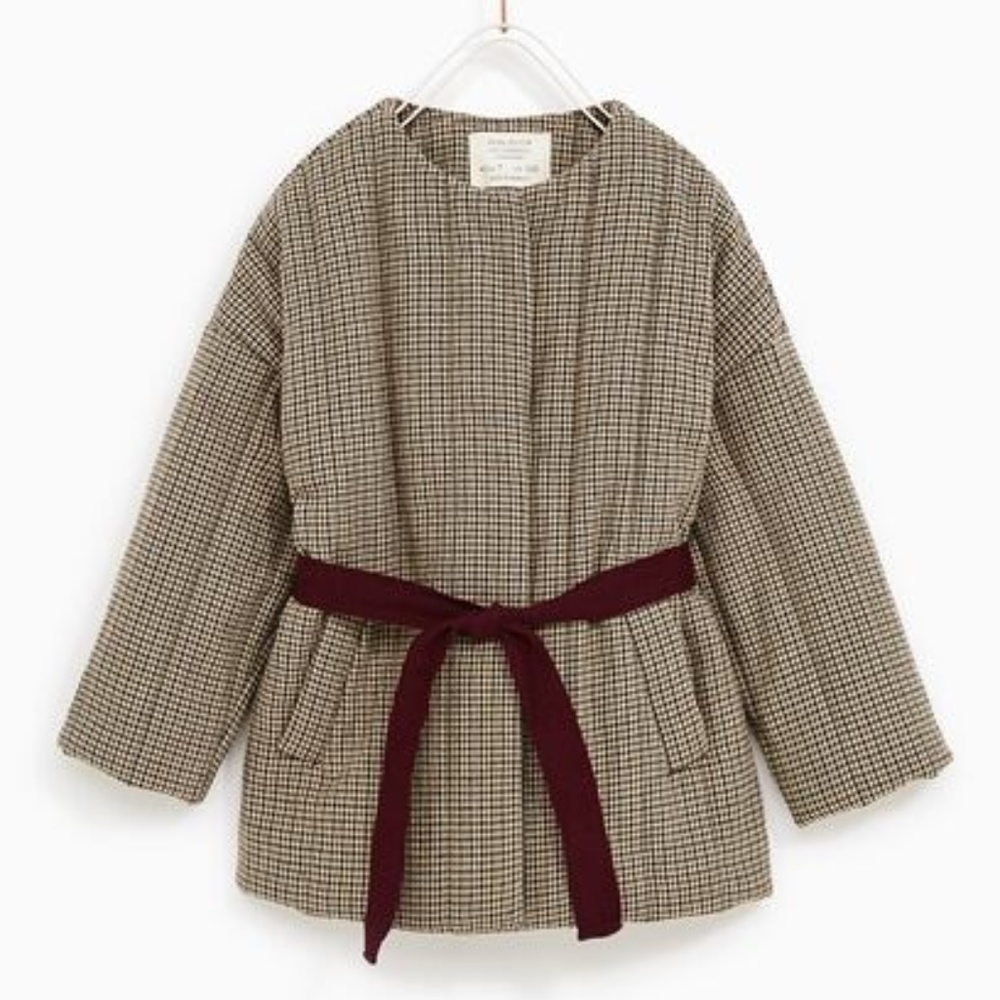 ZARA Girls Quilted Houndstooth PrintJacket with Belt Size 13-14 NWT
